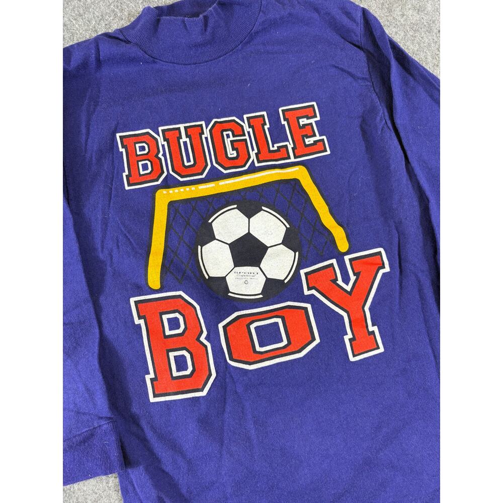 VTG 90s Bugle Boy Soccer Graphic Shirt Boys XL Blue Mock Neck Half Sleeve USA